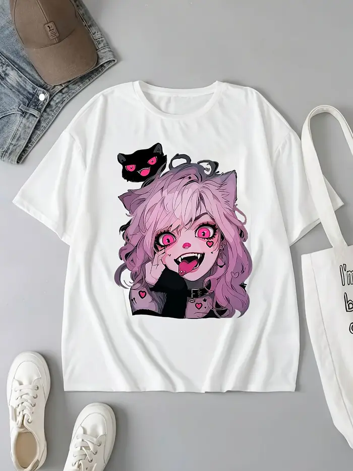 T-Shirt graphique chat mignon pour femmes, manches courtes, col rond, haut décontracté avec cheveux