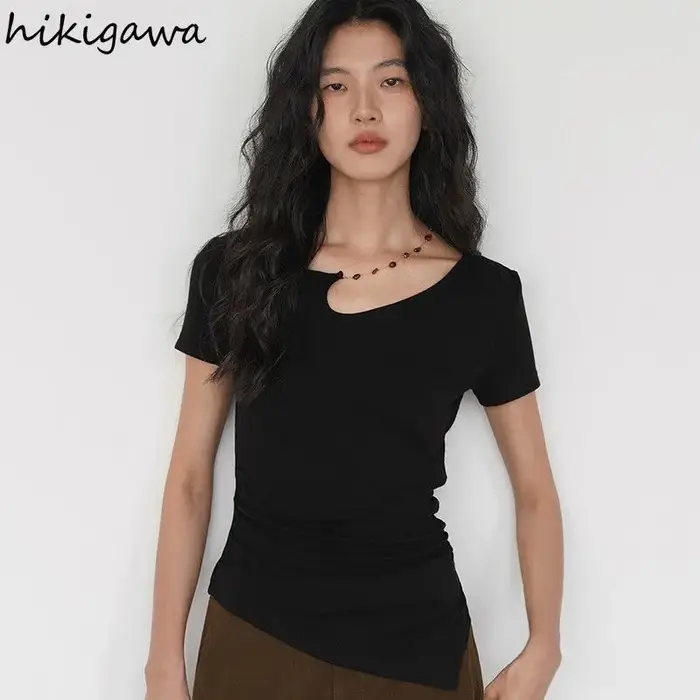 T-shirts Femme Noire 2026 – Tunique à Manches Courtes en Coton Y2K – Hauts Décontractés et Sexy pour l'Été – Style Coréen – Camisetas