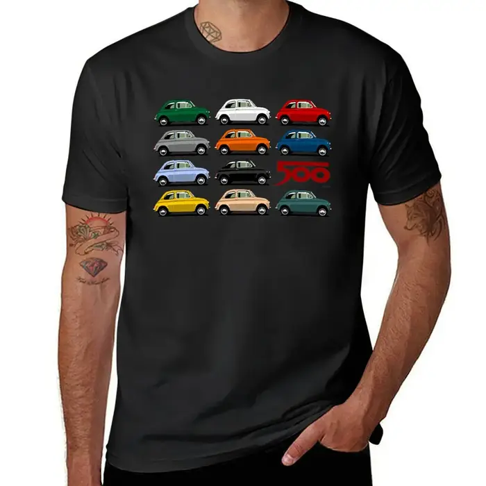 T-shirt Fiat 500 avec vue latérale pour homme, chemisier noir