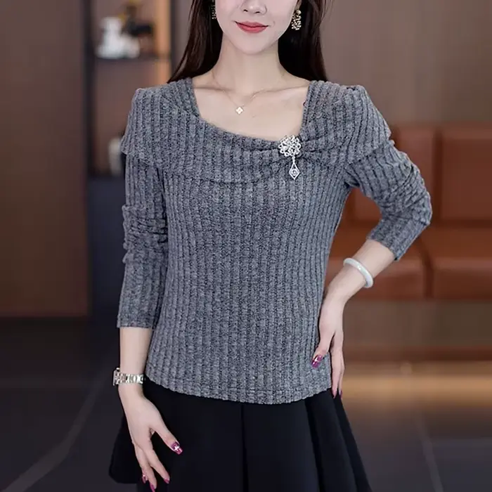 T-shirt Chic Femme Col Carré Tricoté avec Diamants Intégrés