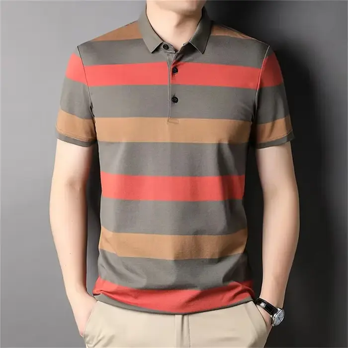 Casual Luxury Polo Shirt For Men Summer Stripped Short Sleeve Golf