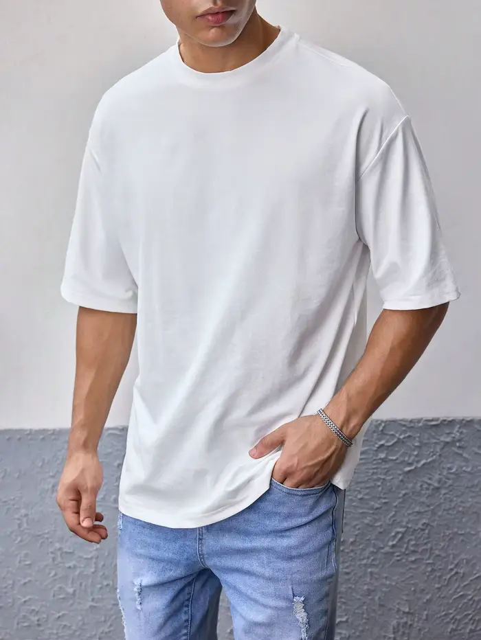 Hommes T-shirt blanc couleur unie été mâle décontracté à manches courtes col rond été