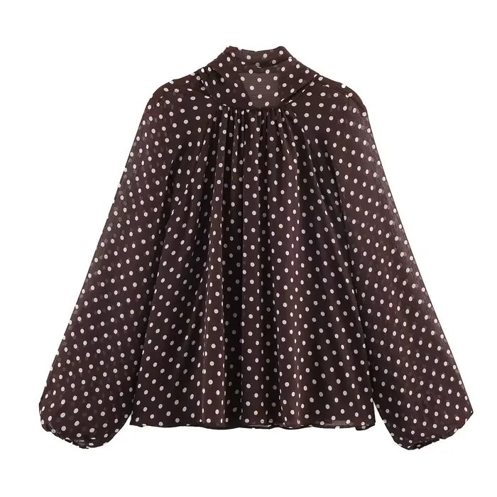 Femmes à pois imprimé Blouse décontracté col haut à manches longues dame haut Simple femmes Blouse f