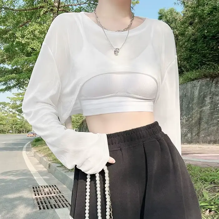 T-shirt transparent à manches longues et col rond pour femme, fin, résistant au soleil, à la mode, s