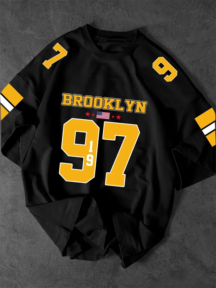T-shirt surdimensionné pour homme, imprimé rétro Brooklyn 97 avec lettres et drapeau, mode streetwea