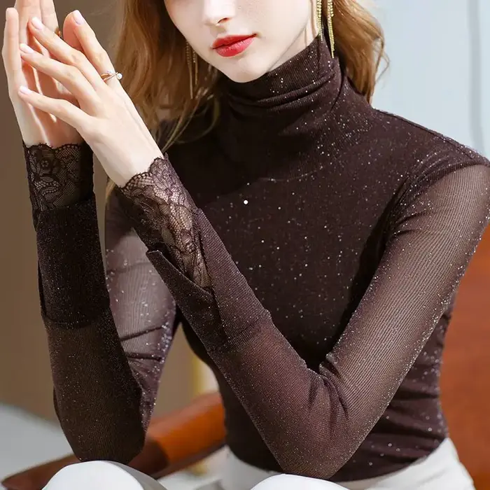 Femme T-shirt 2025 maille marron vêtements col roulé bleu