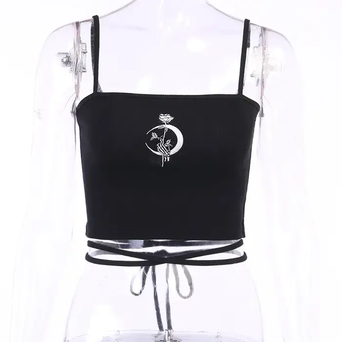 Haut court gothique imprimé à bretelles, sans manches, col carré, Slim, Sexy, col licou, chemise à b