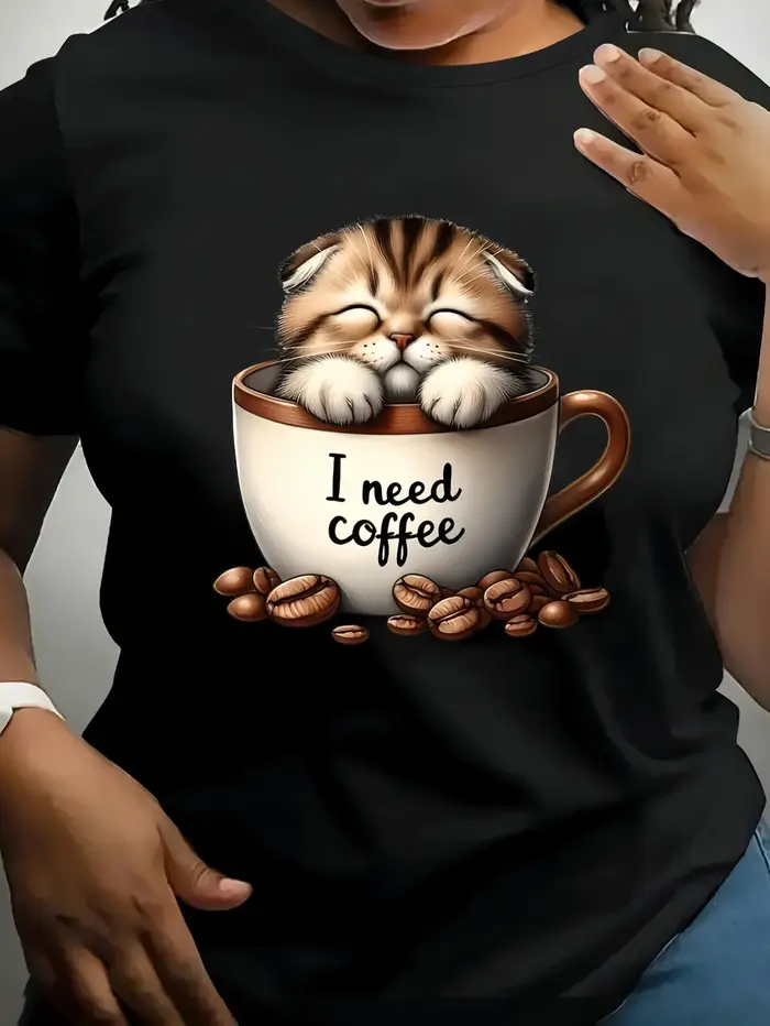T-shirt imprimé graphique chaton et café pour femme