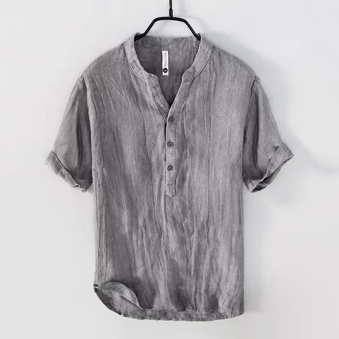 T-Shirt Vintage en lin pour hommes, pull décontracté à manches courtes, col en v, mince et respirant