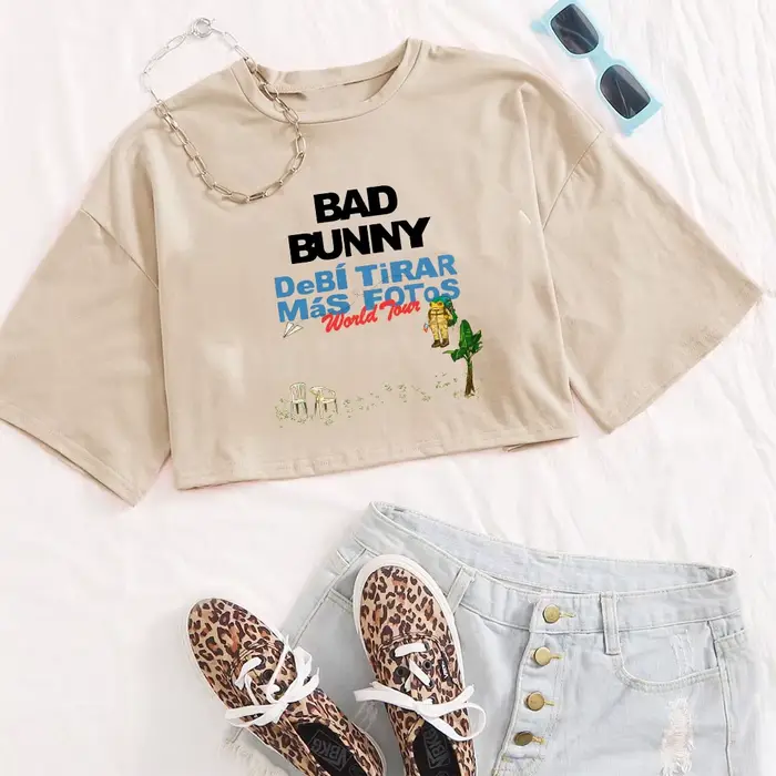 T-shirt Bad Bunny Tour 2025-2026 pour femme, col rond, manches courtes, crop top, cadeau pour les fa