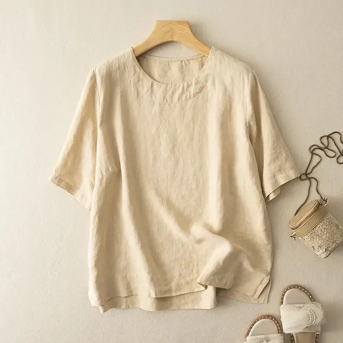 T-shirt à manches courtes en mélange de lin pour femme
