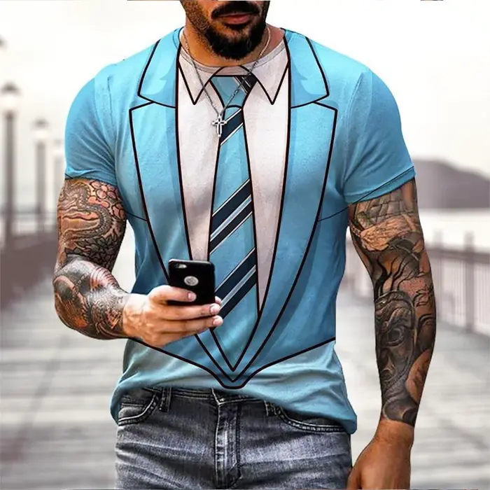 Mode d'été drôle faux costume 3D imprimé T-shirt manteau de queue cravate T-shirt hommes rue à manch