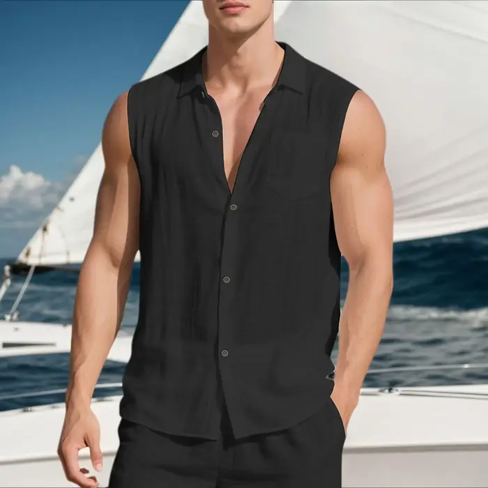 Chemise de plage décontractée sans manches en lin à col pour homme
