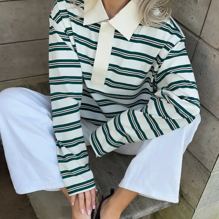 T-shirt de Rugby rayé pour femmes, sweat-shirt surdimensionné à manches longues, Vintage, col à reve