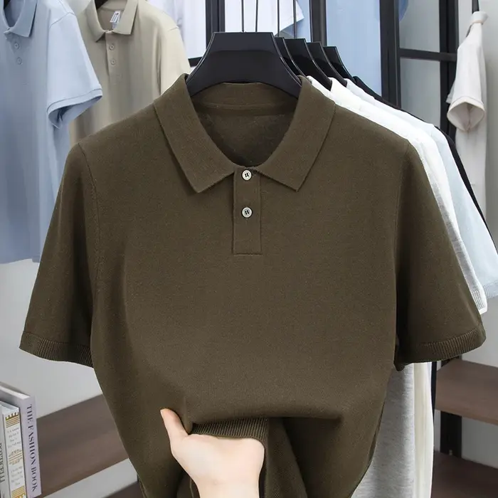 Polo en tricot de lin respirant de haute qualité 2026 – Hauts simples en maille unie pour hommes – Chemises pull en lyocell à manches courtes pour l'été