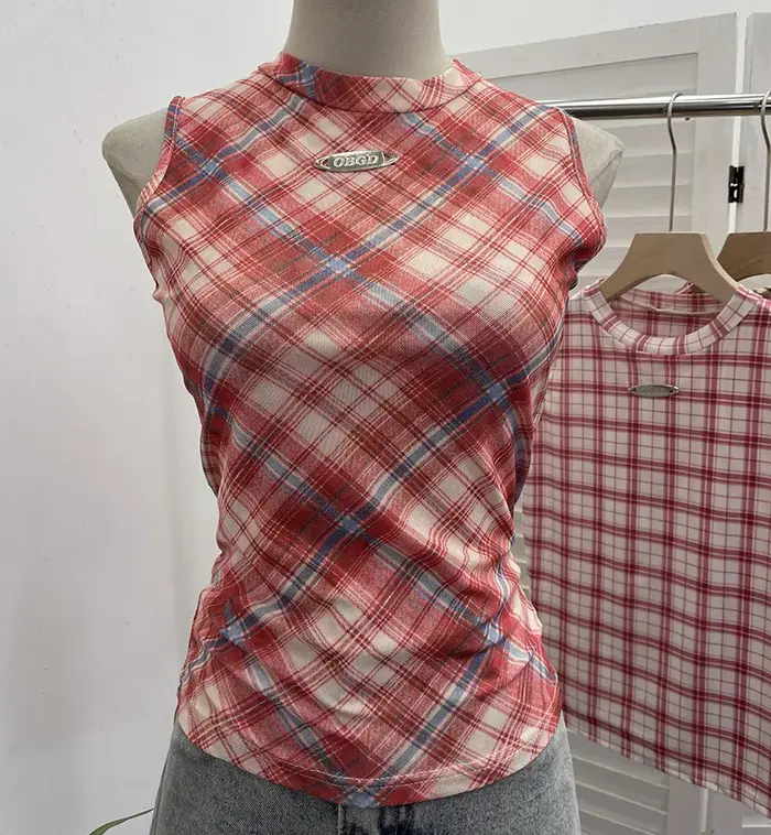 ISAROSE Vintage débardeurs pour femmes été sans manches Plaid maille extensible Double couches col r