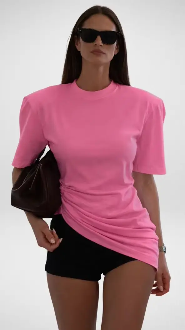 T-shirt blanc à col rond et ourlet irrégulier plissé pour femme, coupe droite, style streetwear d'ét