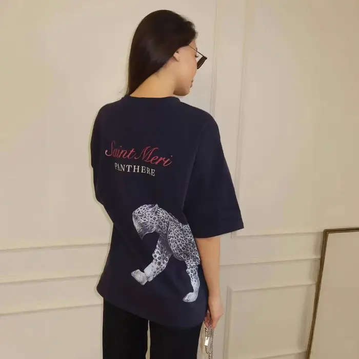 T-shirt ample en coton 100% imprimé panthère française pour femmes, t-shirt léopard américain à manc
