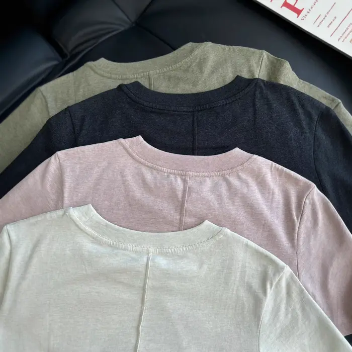 Haut décontracté à manches courtes et col rond pour femme en tissu pur coton biologique tissé uni
