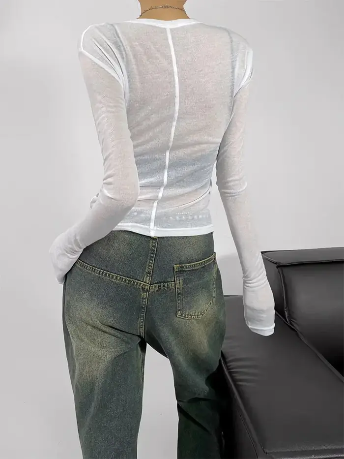 T-shirt semi-transparent à manches longues et col rond pour femme