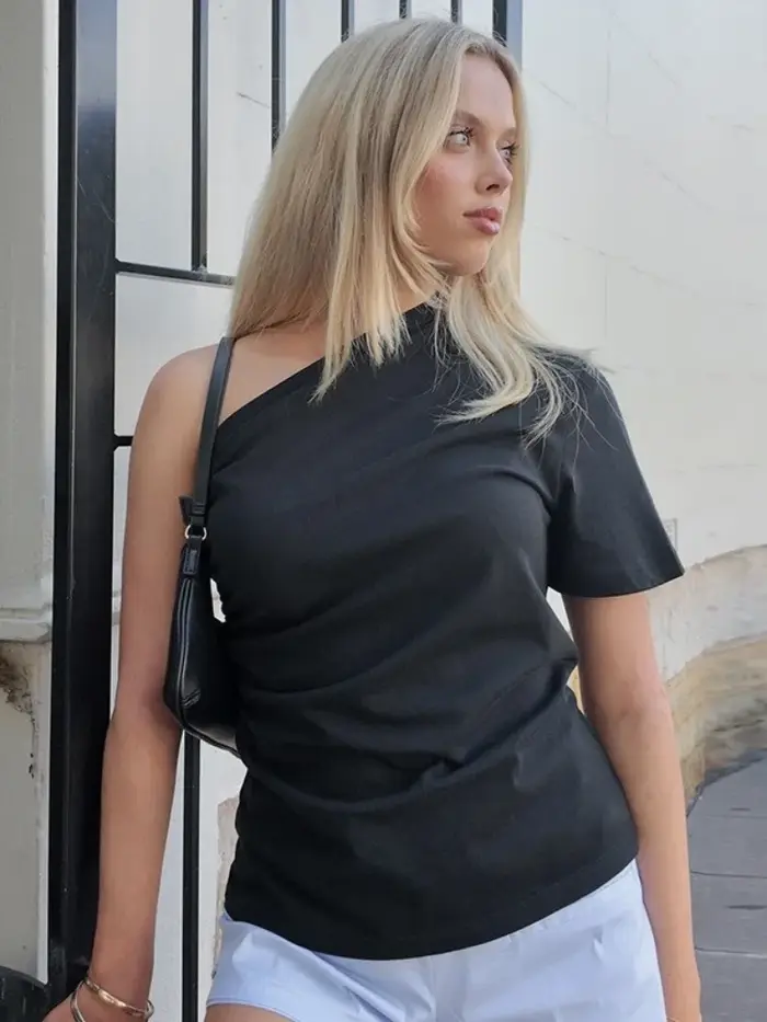 Col incliné t-shirts pour femmes vêtements esthétiques à manches courtes Y2k haut couleur unie Camisetas décontracté Streetwear Ropa De Mujer