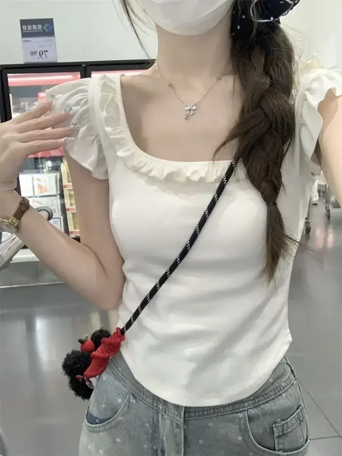 Blanc femme t-shirts col carré manches volantes tunique Camisetas 2025 Ropa Mujer été