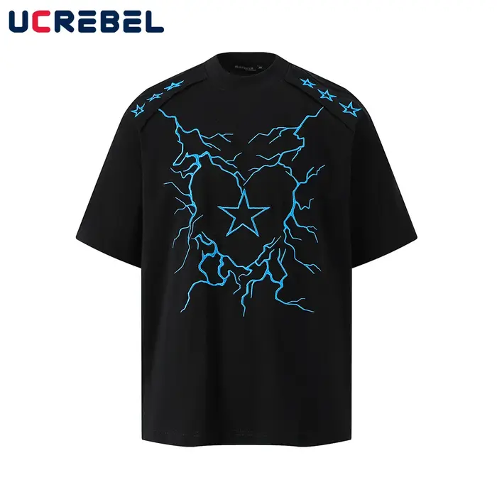 Lightning coeur broderie à manches courtes T-shirt hommes été haute rue col rond demi
