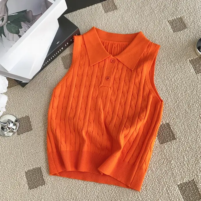 REALEFT été col Polo femmes tricoté T-shirts 2025 nouveau solide sans manches boutons tricots décontracté mince débardeurs femme