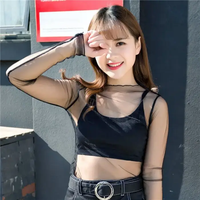 T-shirt à manches longues en dentelle transparente pour femmes et filles, maille résille, chemisiers