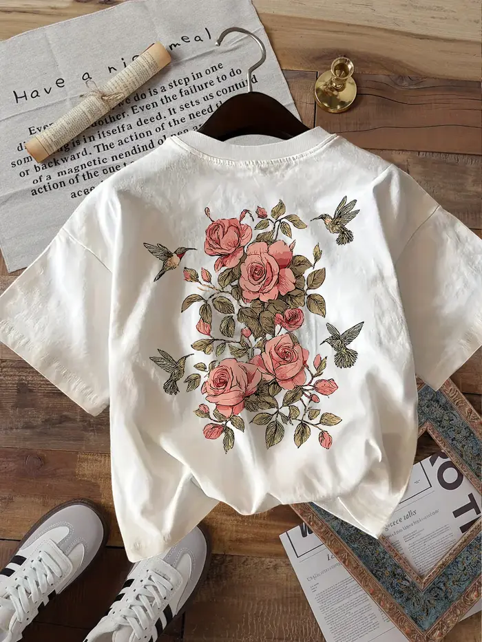 T-shirt vintage rose à motif floral d'oiseau-colibri amusant