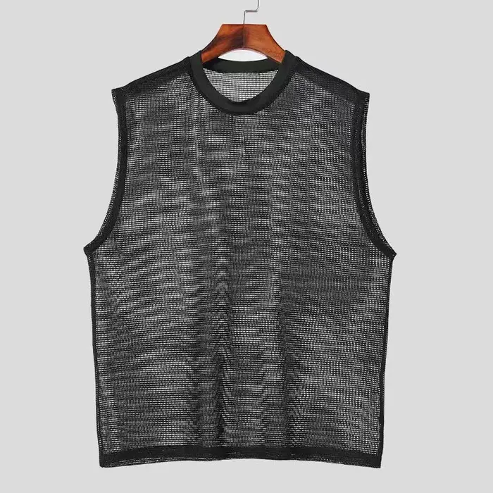 Mode hommes hauts réservoir creux Sexy maille pure Perspective gilet filet de pêche Muscle sans manches voir à travers les t-shirts pour homme