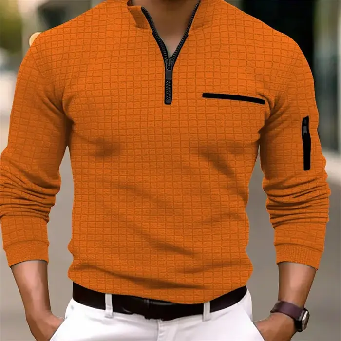 Nouvelle chemise POLO rayée à manches longues pour hommes avec col zippé