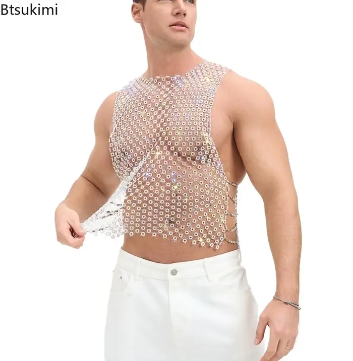 Nouveaux débardeurs vintage à sequins brillants pour hommes