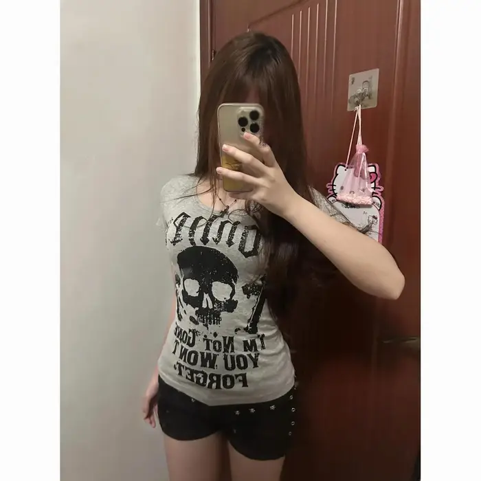 Crâne lettres t-shirt 2025 été imprimer Vintage vêtements américain rétro mince nouveaux T-shirts à manches courtes épicé haut pour fille