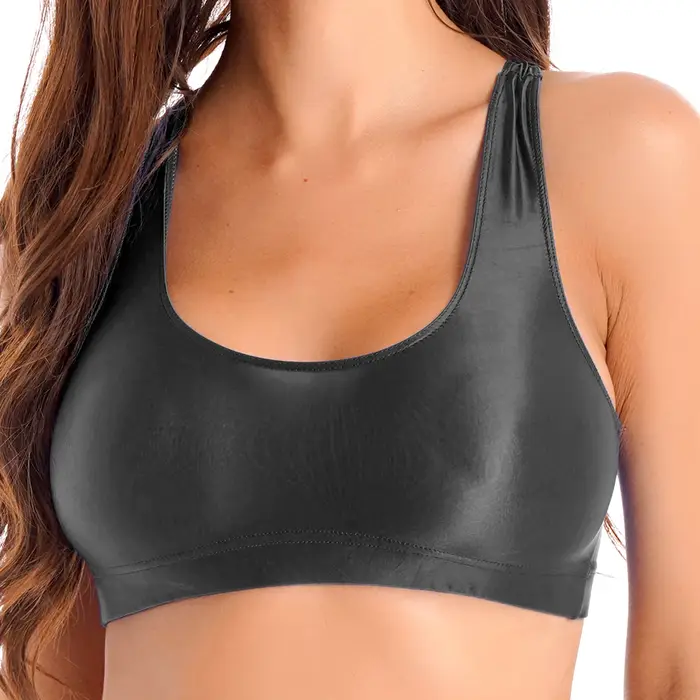 Haut court à col en U pour femme, brillant à l'huile, précieux, Y, femme, sexy, sport, fitness, yoga