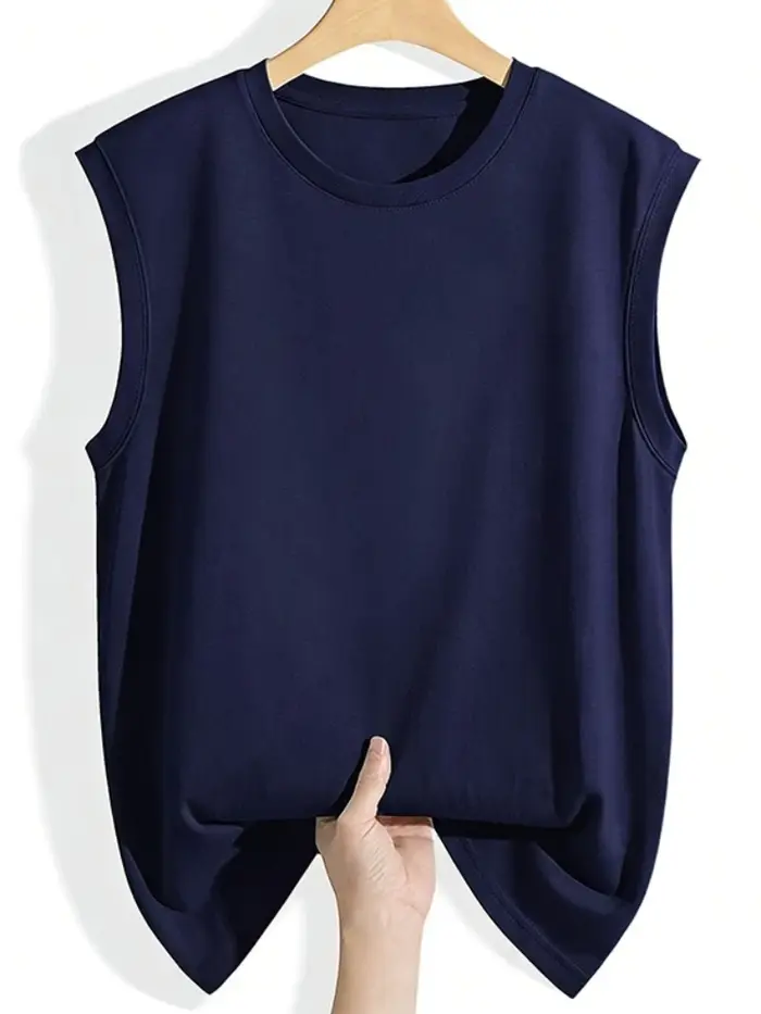 Débardeur Femme Été 2026 en Coton Col Rond Sans Manches Couleur Unie avec Poignets Côtelés Coupe Ample Décontractée Polyvalente