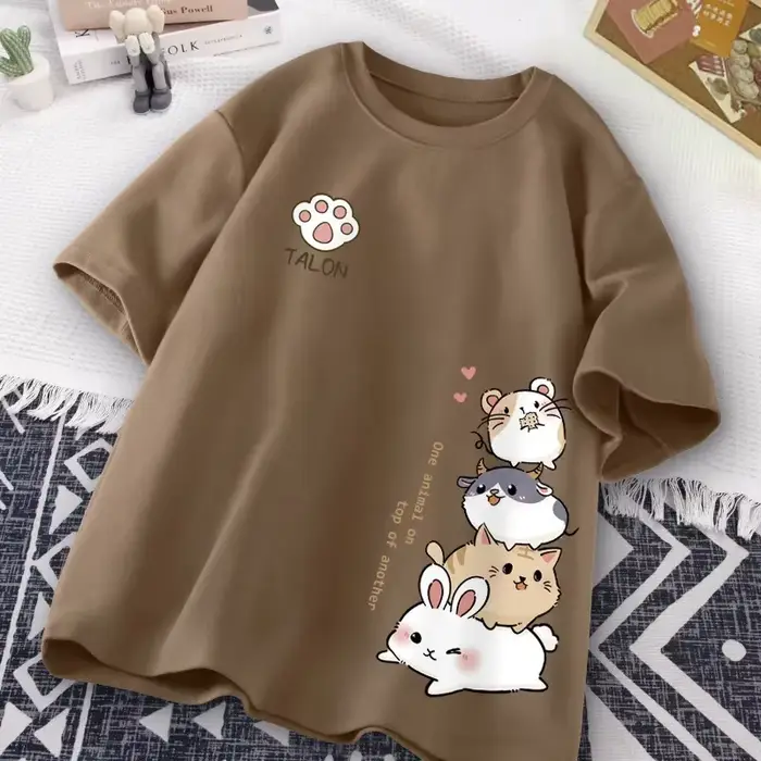 Mode d'été Simple chat impression universelle à manches courtes T-shirt ample décontracté grande taille