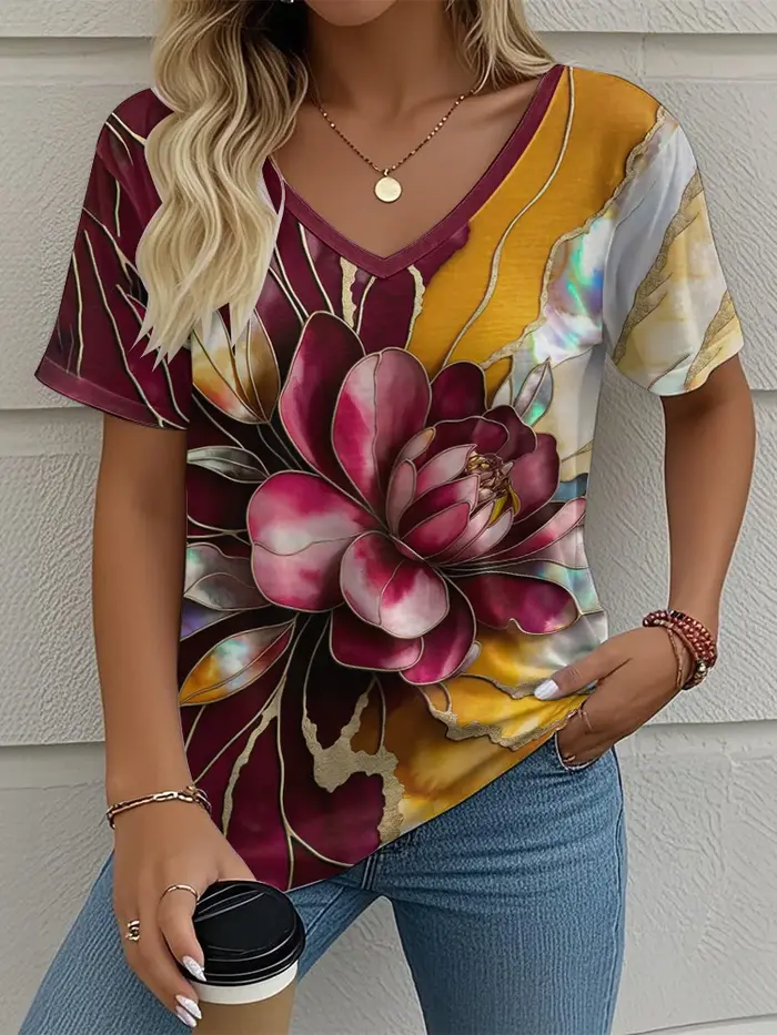 T-Shirt femme motif Floral impression 3D extérieur décontracté col rond manches courtes hauts mode t-shirts surdimensionné vêtements pour femmes