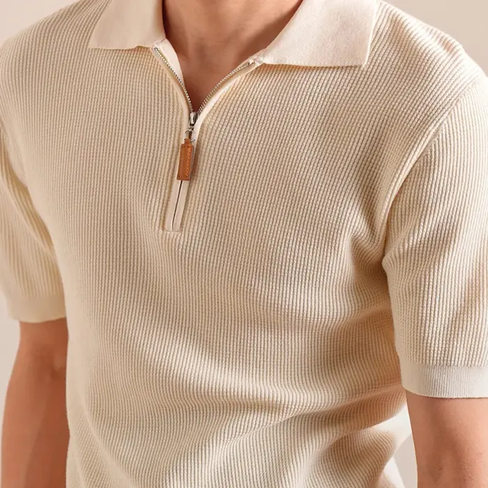 Lyocell mélange tricoté Polo hommes à manches courtes fermeture éclair revers décontracté demi