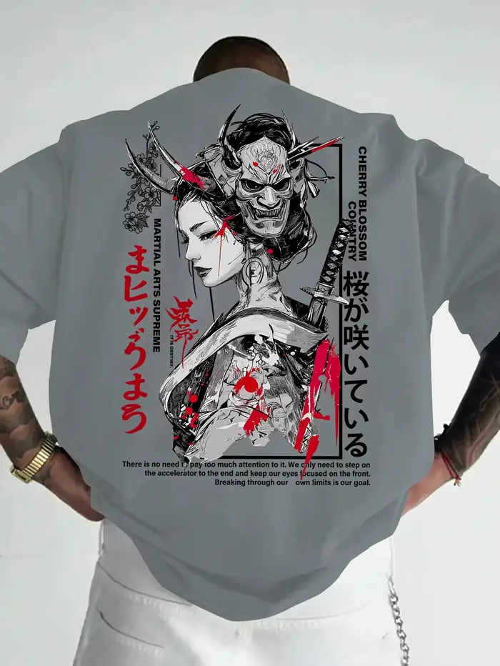 T-shirt pour homme en coton 100% doux de qualité supérieure avec imprimé Geisha Samurai japonais