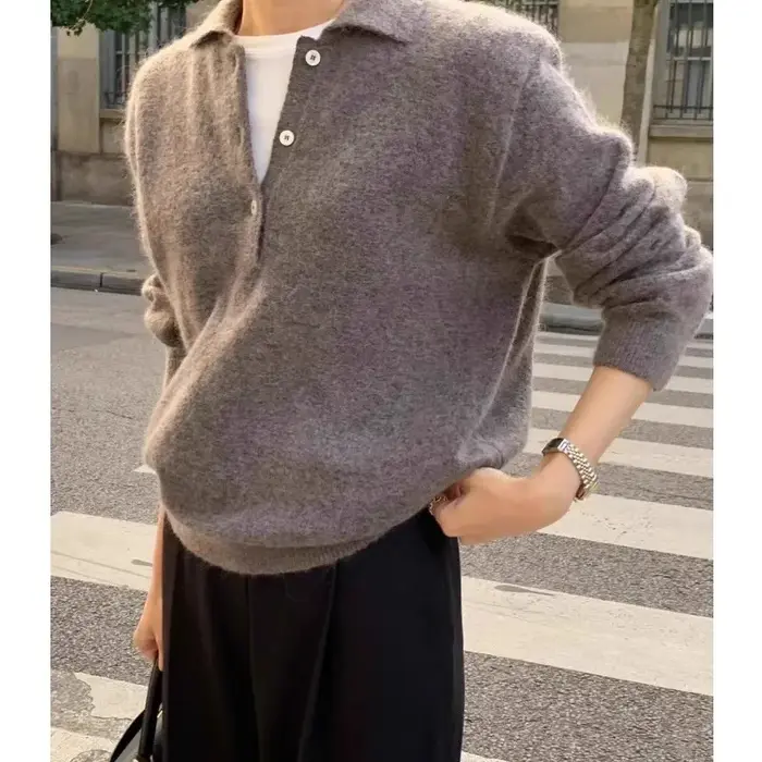Pull POLO élégant à revers avec boucle 100 pur cachemire