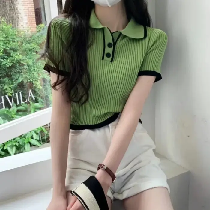T-shirt en tricot à col polo à manches courtes pour femme, couleur contrastée, tricot côtelé, crop top, polo, tenue preppy d'été pour écolière