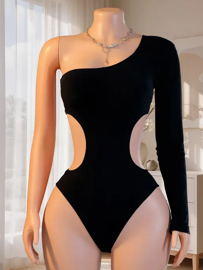 Body asymétrique à manches longues pour femme, dos nu, double taille, découpé, moulant, sexy, lingerie de nuit pour rendez-vous galants, convient aux tailles de 40 à 60 kg