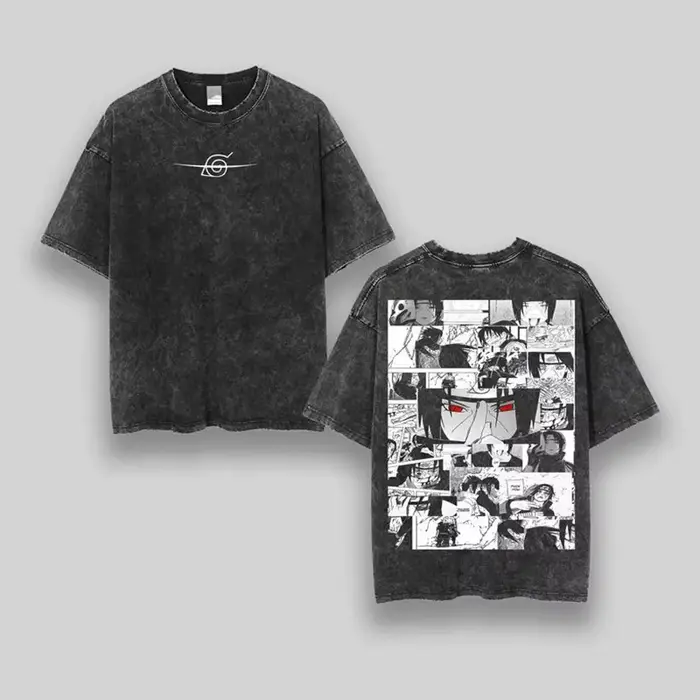 T-shirt Itachi Manga Panel pour Homme, en Coton, avec Impression au Dos Effet Délavé, Motif Anime Sh
