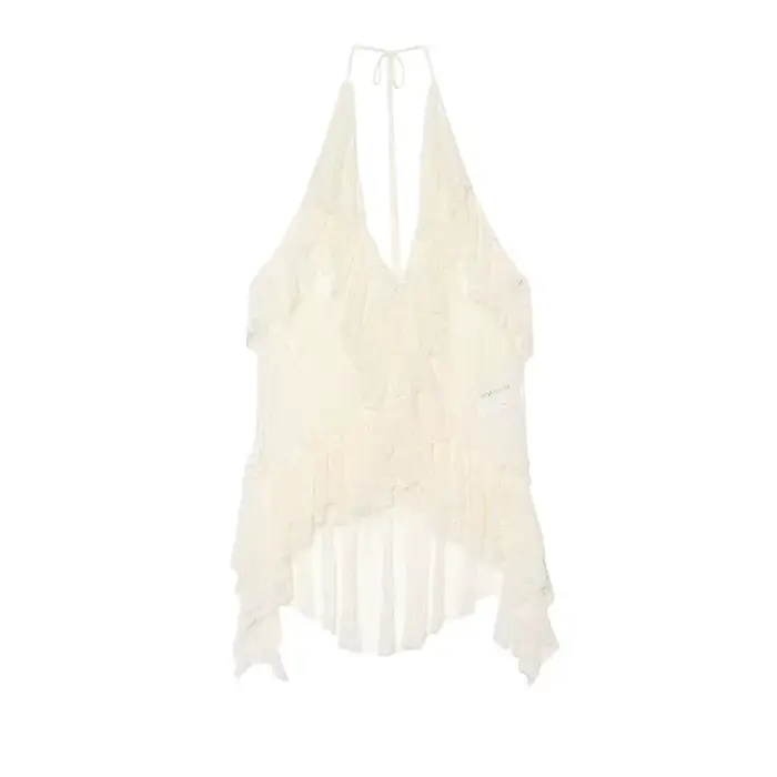 Haut pour femme, nouveau style été 2026, beige, col licou, dentelle superposée décorative, sexy, cou
