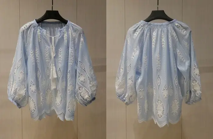 Chemise en coton bleu pour femmes à manches longues évider bouton vers le bas élégant décolleté en V