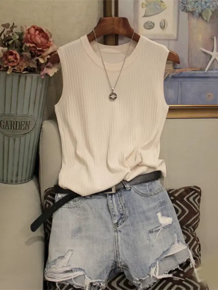 Haut à col rond pour femme, gilet en tricot fin, chemise féminine, solide, précieux, mode décontract
