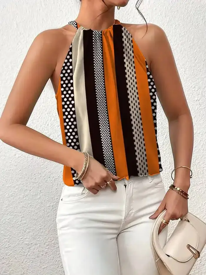 Débardeur Femme Printemps-Été Orange Marron Rayé à Pois Col Halter Sans Manches Style Rétro Chic Quotidien Décontracté
