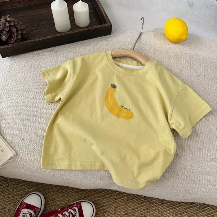 T-shirt Apple Banana pour garçons et filles, vêtements d'été mignons, col rond, haut en pur coton, t-shirts blancs et jaunes pour tout-petits