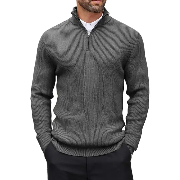 Pull à fermeture éclair pour hommes, col montant, décontracté, en tricot côtelé, léger, Polo, vêteme